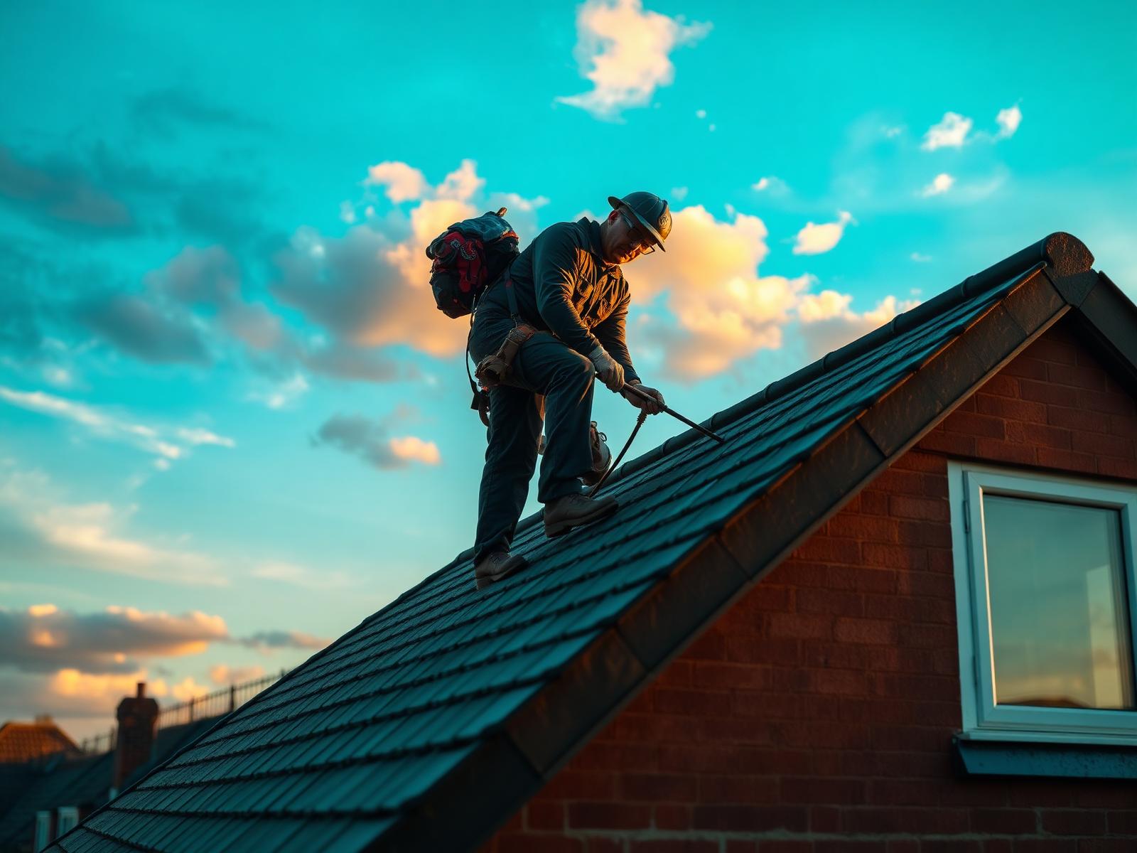 Roofer at work on a slate roof at golden hour